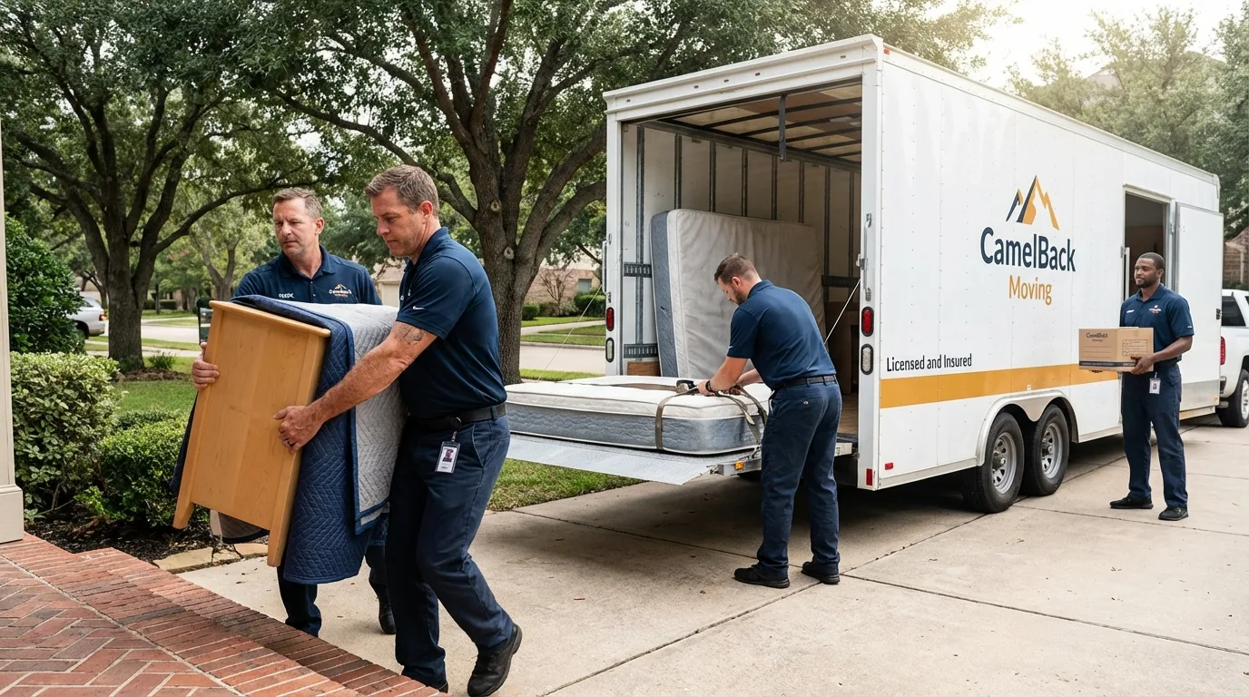 Crew loading residential truck for cross-state move from Port Byron, IL