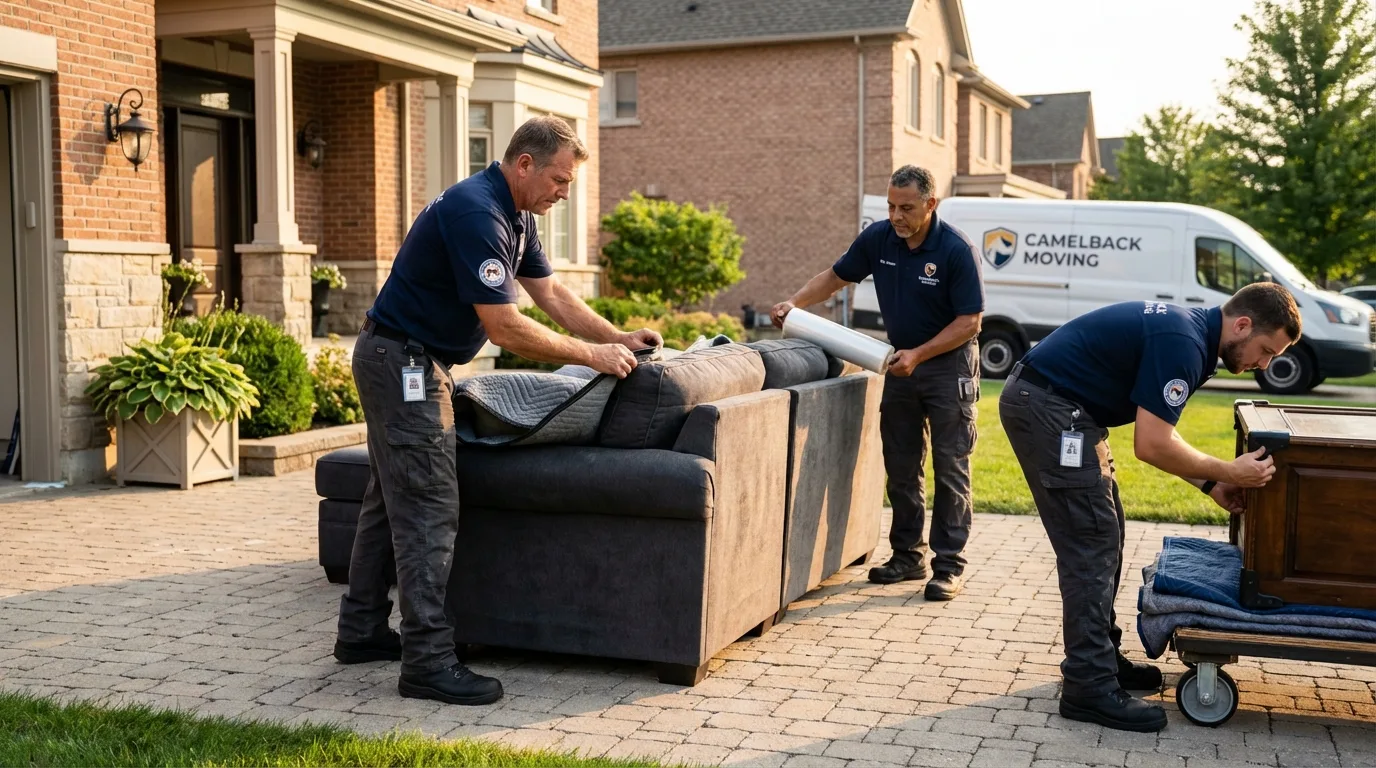Large estate moving crew wrapping furniture in Port Byron, IL