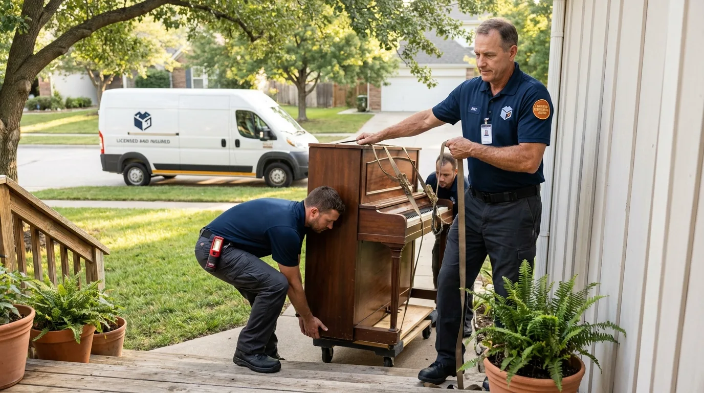 Licensed piano movers securing grand piano in Port Byron, IL