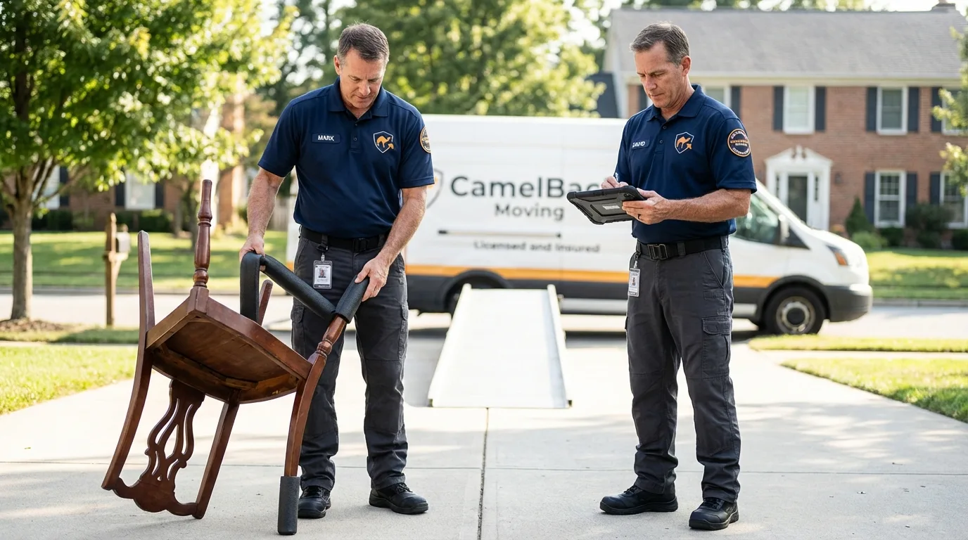 Movers inspecting furniture for damage prevention before loading in Port Byron, IL