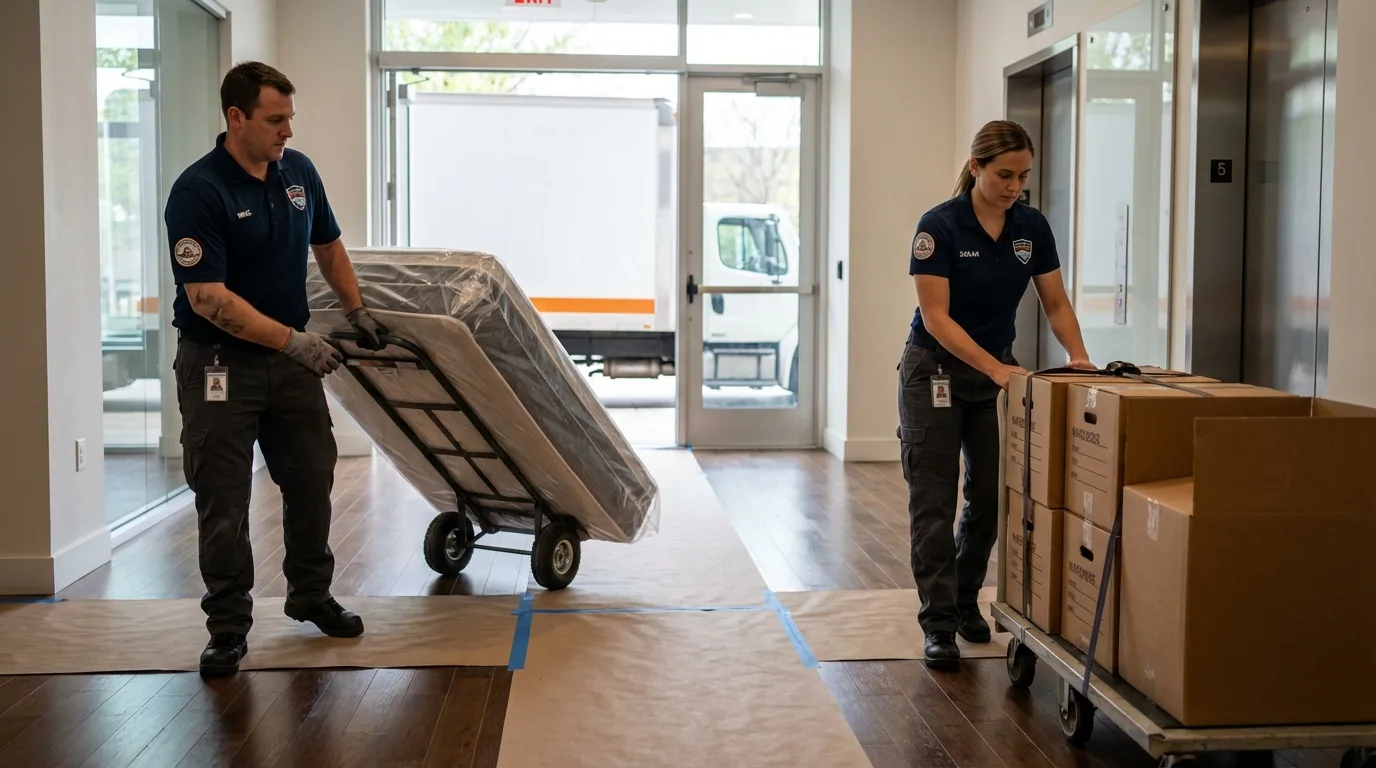 Professional apartment movers loading elevator in Port Byron, IL